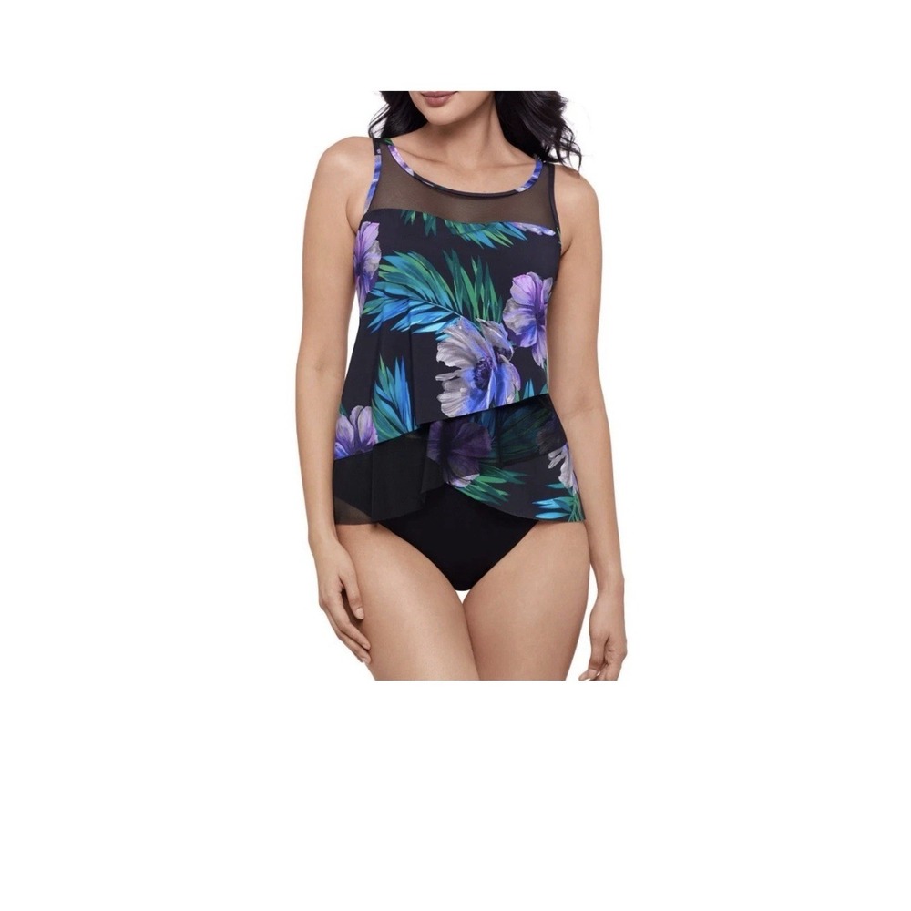 Miraclesuit Flora Aura Mirage Tankini Swim Top Sz 14 Underwire Black $142 NWT
